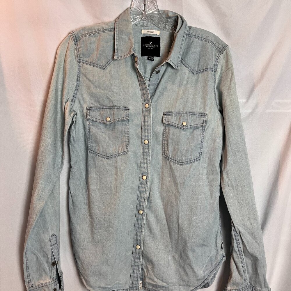 Women's AEO Denim Long slv Pearl Snap Shirt Size S